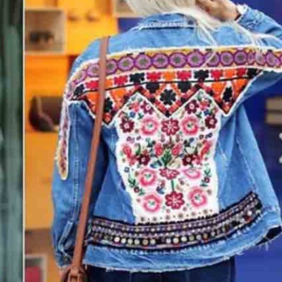 Boho Denim Blue Floral Embroidered Jean Jacket - Picture 2 of 11